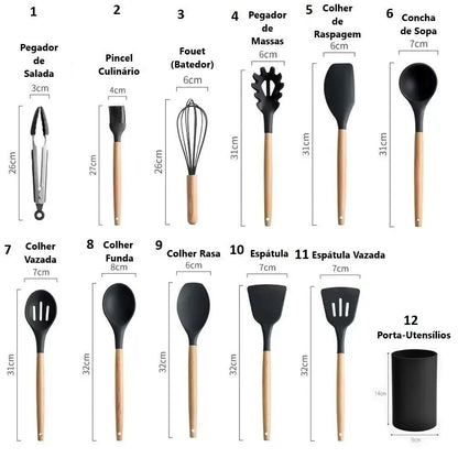 Kitchen Set Kit C/12 Pieces Silicone Kitchen Tools Kitchen Kitchen Holder Su Wood Cable